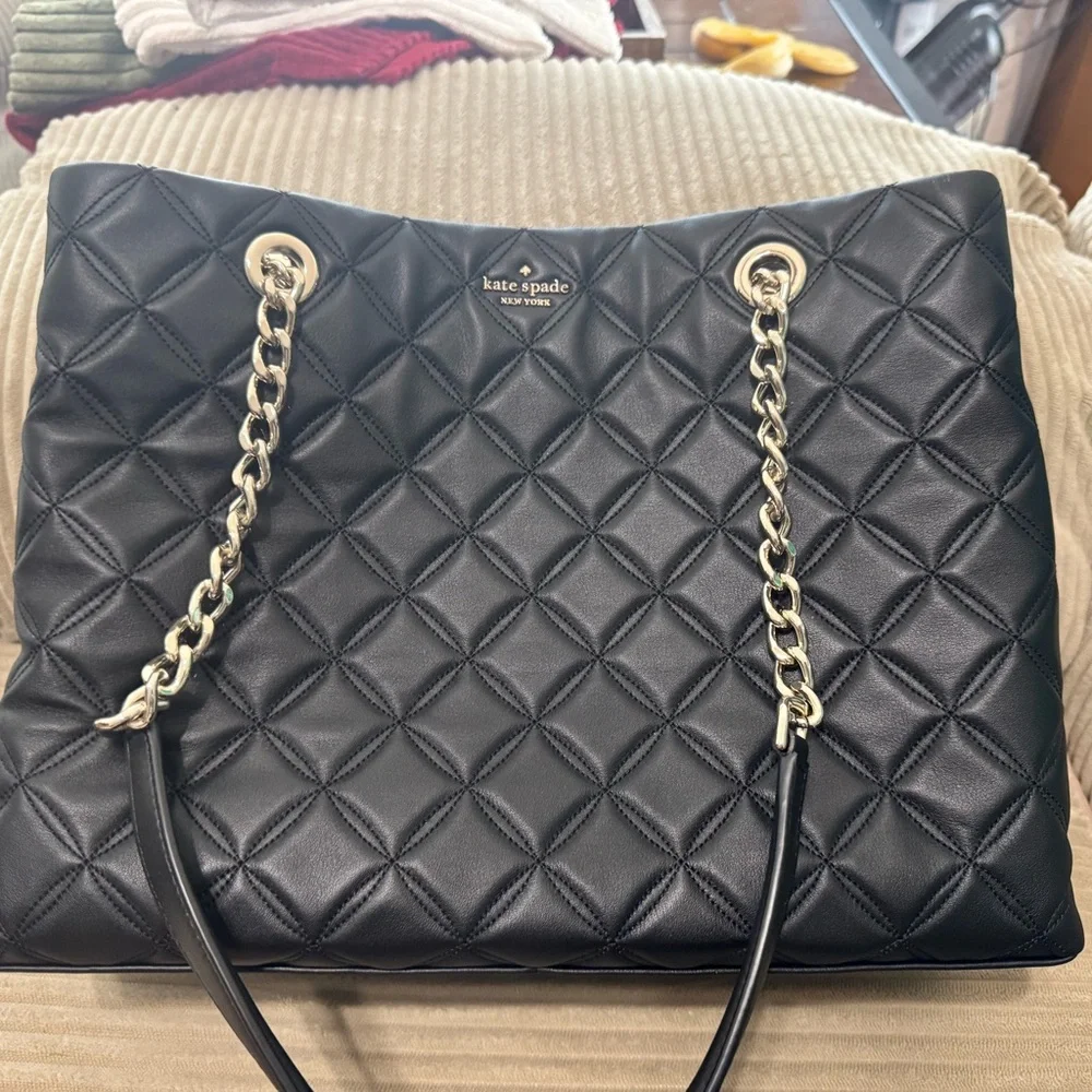 kate spade Black Quilted Leather Shoulder Bag with Gold Chain Handles